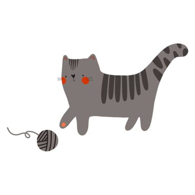 İp yumağıyla oynayan koyu gri bir kedinin düz çizimi. İzole edilmiş bir grupta sevimli çocukların çizimi