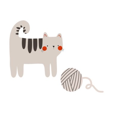 Açık kahverengi bir kedinin oynadığı düz çizgiler ve iplik yumağıyla koyu çizgiler. İzole edilmiş bir grupta sevimli çocukların çizimi