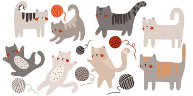 Şirin çizgi film kedileriyle dolu. Farklı renkte kediler iplik toplarıyla oynarlar. Düz izole çizim el çizimi