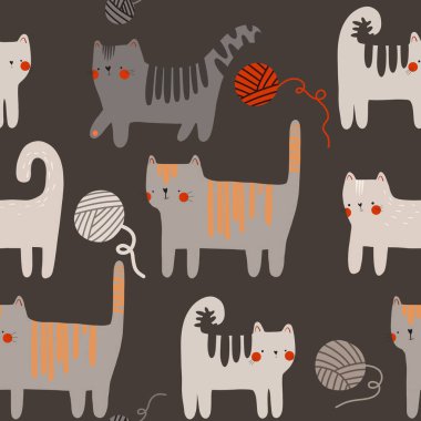 Çizgi film kedilerinde kusursuz desen. Kediler iplik yumaklarıyla oynarlar. Sevimli çocuk tasarımı Koyu gri arka plan