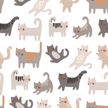 Çizgi film kedileriyle kusursuz desen. Kediler ve kediler. Düz dizayn. Çocuk yuvası.
