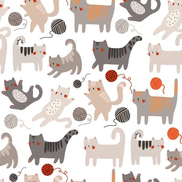 seamless pattern with cute cartoon cats. Cats of different colors play with balls of thread. Flat isolated illustration hand drawn. Children's backgroun