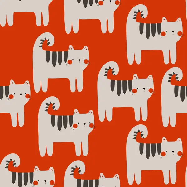 seamless pattern with cute cartoon striped cat. Funny characters. Simple seamless design. Flat design. Children\'s red backgroun