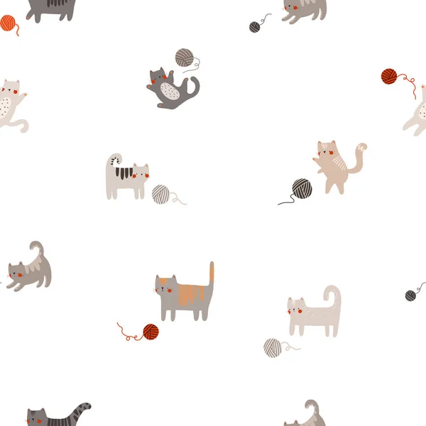 Minimalistic seamless pattern with domestic cats playing with balls of yarn. Cute baby animal desig