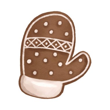 Beyaz kremalı eldiven şeklinde Noel zencefilli ekmeği. Kış tatlısı. Yeni yıl tatili için elle çizilmiş illüstrasyon. Noel deco