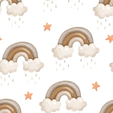 Yağmurlu havada sonsuz desen, gökkuşaklı bulutlar. Boho kahverengi renkli arka plan. Gökyüzü, bulutlar ve yıldızlar desenli. Kusursuz Desenleme