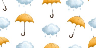 Şemsiyeli ve gök gürültülü kusursuz desenler. Yağmur yağıyor. Hava durumu. Tekstil, çocuk odası ve çocuk kıyafetleri için el yapımı tasarım.