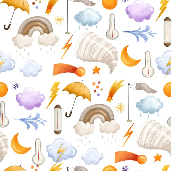 Endless pattern with rainy weather, textile fabric or wrapping paper. Decorative doodle background. Weather forecast. Set of elements for determining weather and celestial elements. Hand drawn illustration