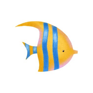 Mavi çizgili deniz balığının el çizimi. Su altı dünyasından bir karakter. Deniz ve tatlı su balığı. İzole edilmiş arka grupta şirin bebek çizimi