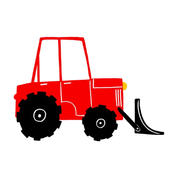 Red bulldozer heavy equipment. Tractor with bucket. Powerful red wheel hydraulic bulldozer with black bucket isolated. Children\'s hand drawn flat illustration of a car