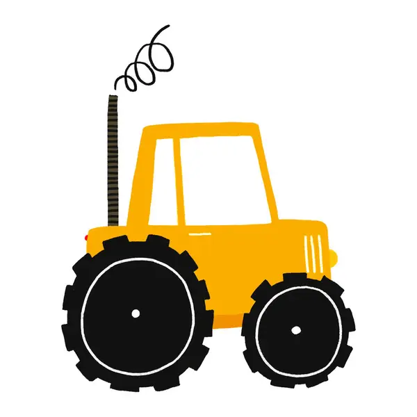 Hand drawn tractor on isolated background, flat isolated illustration of orange tractor. Illustration of farm transport. Design for children. Hand drawn cute childish illustration of car on isolated backgroun