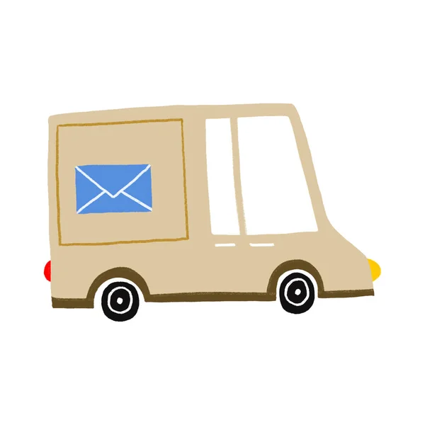 Delivery Van. Machine for delivering mail. hand drawn kids illustration on isolated background.  Cartoon postal car.