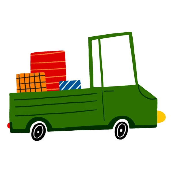 Green truck with boxes in the trunk. Delivery truck. Hand drawn children\'s flat illustration on isolated background
