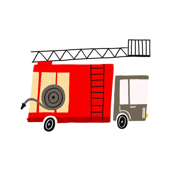 Red fire truck. Fire truck with ladder, hydrant and hose. Hand drawn illustration in cartoon childish style. Isolated funny clipart. Cute fire transport print. Hand drawn trendy scandinavian style childish doodle car.
