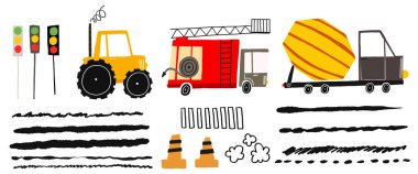 İnşaat malzemeleriyle yolları onarıyor. Beton karıştırıcı ve itfaiye aracı, Tratkor. Oğlanlar için hazır. Yaz koleksiyonu. İzole edilmiş arka planda şirin bebek çizimi. Çocuk klipsi