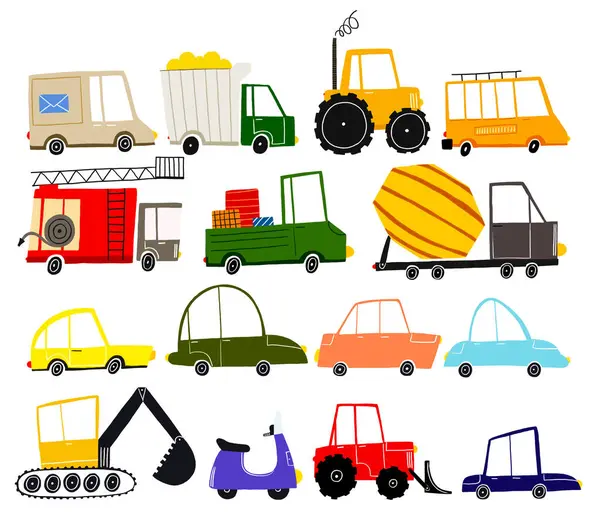 Children\'s set with simple cars. Collection of cars: trucks, vans, delivery cars, cranes, fire truck and passenger car. Cute baby print and design se