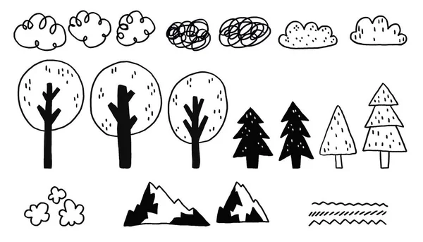 Set of simple flat nature elements. Mountain landscape, rocks and trees. Celestial objects. Set of doodle nature elements. Child illustration on isolated backgroun