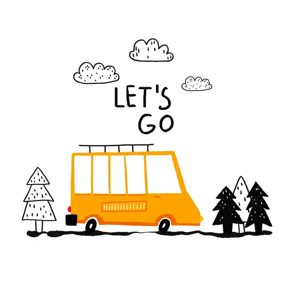A simple children\'s illustration with a car. Poster with a mini tourist van among the forest and fir trees and the inscription Let\'s go. Cute illustration on isolated background