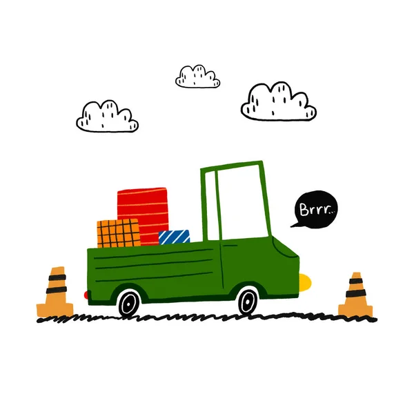 A simple children's illustration with a car. Cartoon truck carrying cargo. City illustration. Invitation to a children's party. Cute illustration on isolated background