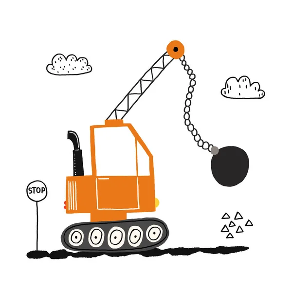 Posters with simple childish, cartoon heavy construction equipment. Ball crane. Doodle illustration on isolated background. For nursery posters, cards, boys bedroom decor