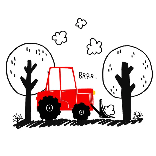 A simple children\'s illustration with a car. Poster with a red tractor with a bucket driving among doodle trees. Construction equipment. Drawing composition. Cute kids illustration on isolated