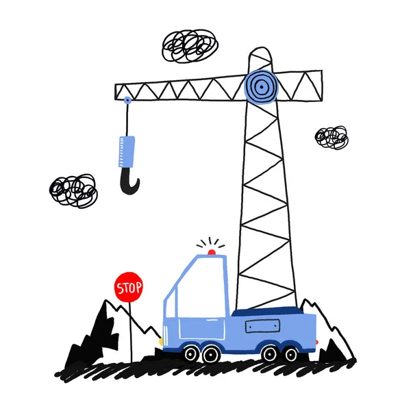 A simple children\'s illustration with a car. Poster with a blue crane with a hook working at a construction site in the mountains. Stop sign. Mountain landscape. Cute kids illustration on isolated