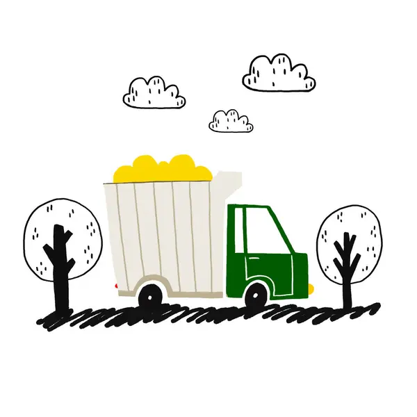 A simple children\'s illustration with a car. Poster with a box truck driving between trees. Doodle Cityscape. Cute illustration on isolated background