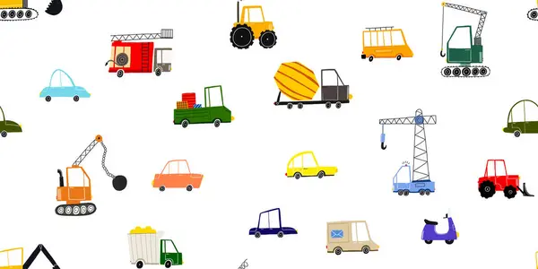 Seamless pattern with hand-drawn cars. Cartoon background for children. Children's City map with cartoon transport. Seamless background with hand drawn cars, trucks, excavator, tractor and firetruc