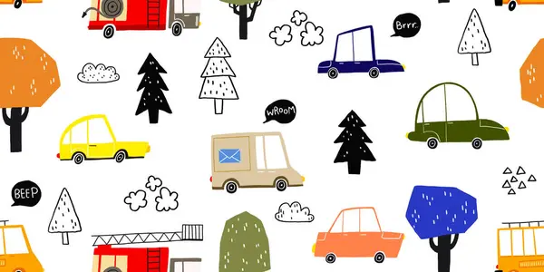 Seamless hand-drawn pattern with city map. Endless background with cars, trucks and fire truck. Cartoon pattern with trees, bushes. Doodle illustration. Cute kids design. illustration design for fashion fabrics, textile graphics, prints