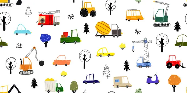 Seamless pattern with hand-drawn cars and trees. Cartoon background for children. Children's City map with cartoon transport. Can be used for nursery room, packaging, clothing, textile, wallpaper,