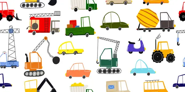Seamless hand-drawn pattern. Endless background with cars, trucks, excavator, tractor and fire truck, heavy equipment. Cartoon cranes with hook and concrete mixers. Cute kids desig