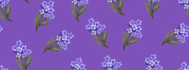 Kusursuz desen. Unutma beni çiçekleri ile bahar narin deseni. Mor çiçekli dallar. Sonsuz mor arka grup