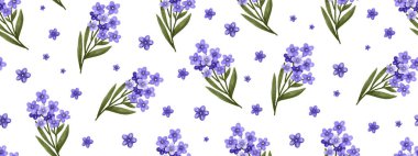 Kusursuz el çizimi desen. Unutma beni çiçekleri ile bahar narin deseni. Mor çiçekli dallar. Bilgisayar masaüstü, tablet, cep telefonu, sosyal medya kapakları için duvar kağıdı