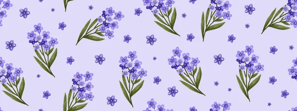 Seamless pattern. Spring delicate pattern with forget-me-not flowers. Branches with purple flowers. Wallpaper for computer desktop, tablet, cell phone, social media covers.Endless beautiful backgroun