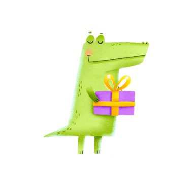 Bir çizgi film timsahı elinde bir doğum günü hediyesi tutuyor. Bir çocuk partisi için elle çizilmiş illüstrasyon. Büyük bir fiyonklu hediye. Tebrik kartları, bebek partisi, kart için harika.