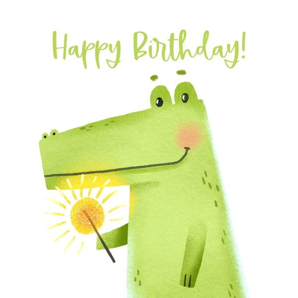 Holiday card with a green crocodile with a sparkler. Cartoon hand drawn character. Wild animals. Happy birthday. Isolated illustratio