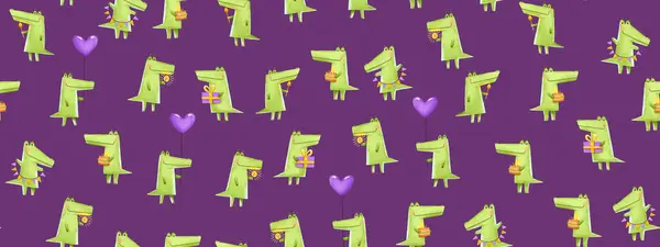 Minimalistic Seamless birthday pattern with green crocodiles. Alligators celebrate birthday with gifts, balloons and cakes, sparklers. Children\'s background with monsters. Ideal for wrapping pape