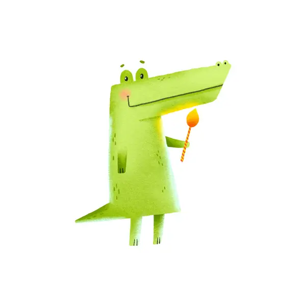 A cartoon crocodile holds a festive birthday candle in his hands. Hand-drawn illustration for a children\'s party. Great for greeting cards, baby shower, card
