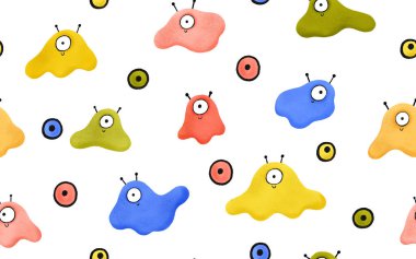 Sümüklü, kusursuz desen. Çocukların komik uzay karakterleri ve renkli gözleri. Tepegöz ve uzaylılar. Çocuk odası için parlak bir geçmiş, kıyafetler, davetiye