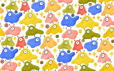 Sümüklü, gözlüklü, boynuzlu kusursuz desen. Uzay Kiklopları ile korkunç bir illüstrasyon. Gözleri ve yıldızları olan bir arka plan. Cadılar Bayramı için canavarlar. Çocukların çizimleri izole edilmiş. Tasarım ve prin için ideal