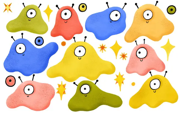 A set of hand-drawn slimes with eyes and horns. Scary illustration with space cyclops. Set with eyes and stars. Monsters for Halloween. Children\'s illustration isolated. Ideal for design and prin