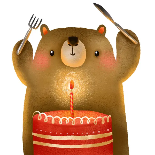 Cartoon bear celebrating his birthday. A bear eats a cake with a fork and knife. Forest animals. Postcard for children\'s party. hand drawn cute illustratio