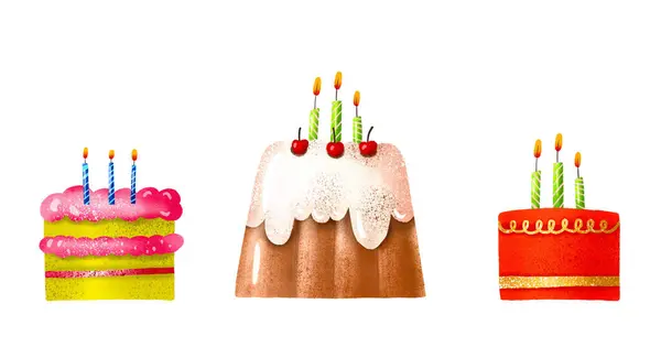 Set of birthday cake with candles. Sweet dip and desserts. Large cupcake with icing Children's party. Set for children's birthday. Children's hand drawn illustration on isolated backgroun