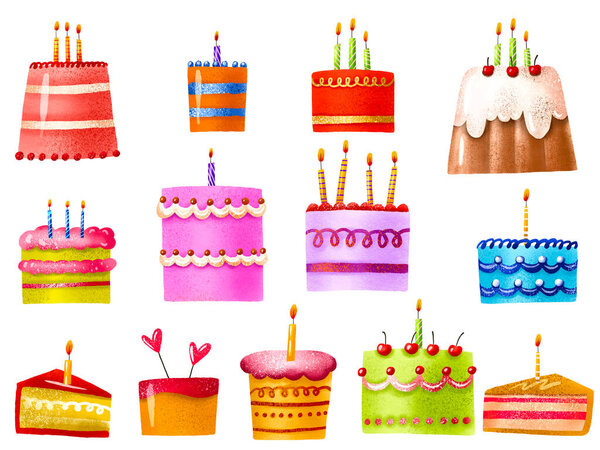 Gran Conjunto Pasteles Aislados Lindos Postres Pasteles Pastel Cumpleaños Pasteles — Foto de Stock
