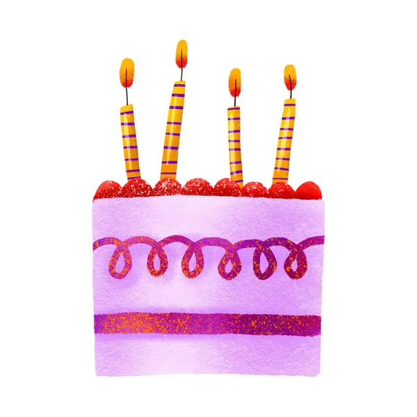 Children\'s purple birthday cake with 4 birthday candles. 4 years. Children\'s holiday illustration. Hand drawn illustration on isolated background
