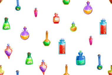 Cam mataralar ve iksirlerle kusursuz desen. Sihirli iksirler: tüpler ve şişeler. El çizimi desen. Fen laboratuvarı eskiz geçmişi, sihirli elementler. Simya ve Bilim.