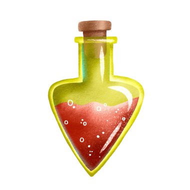 Sihirli aşk iksiri ve zehirle dolu cam kavanoz. İyileştirme ve Büyülü Tentür. Kimya ve simya. Kara büyü için cadı aletleri. Cadılar Bayramı için izole edilmiş arka planda hoş bir el çizimi. Çocuk Arzusu