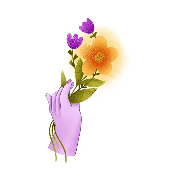 Violet hands holding bouquets of wildflowers. Floral illustration. Stylish decorative design. Blooming flowers. For packaging cosmetics, beauty studio, spa, manicure, jewelr