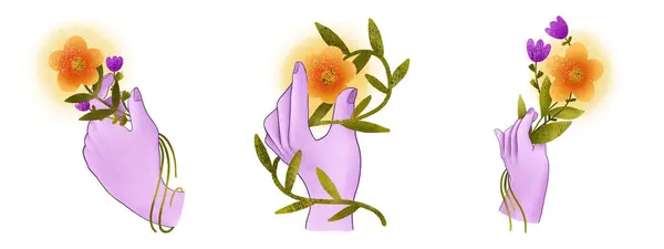 Zestaw Dekoracyjnych Stylowych Ilustracji Fioletową Ręką Ręka Trzyma Bukiet Kwiatów — Zdjęcie stockowe