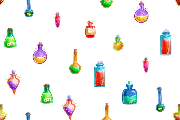 Seamless pattern with glass flasks and elixirs. Magic potions: tubes and bottles. Hand drawn pattern. Science lab sketch background, Magical elements. Alchemy and  science.